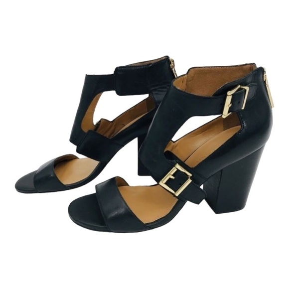TOMMY HILFIGER Black and Gold Wide T-Strap Buckle Up Leather Shoes size 7.5 - Picture 4 of 13